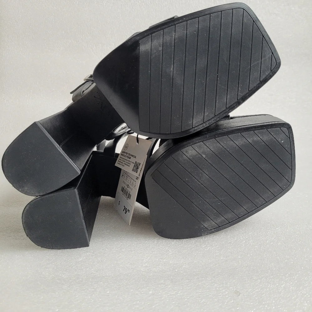 NWT Zara Chunky Black Platform Sandals with Chain Detail High Heels Size 8 - Picture 12 of 16